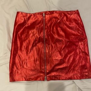 Red metallic mini pencil skirt, zips on the back